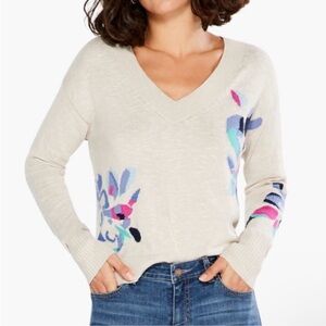 NWT Nic + Zoe Women’s Blooming Short V-Neck Intarsia Sweater